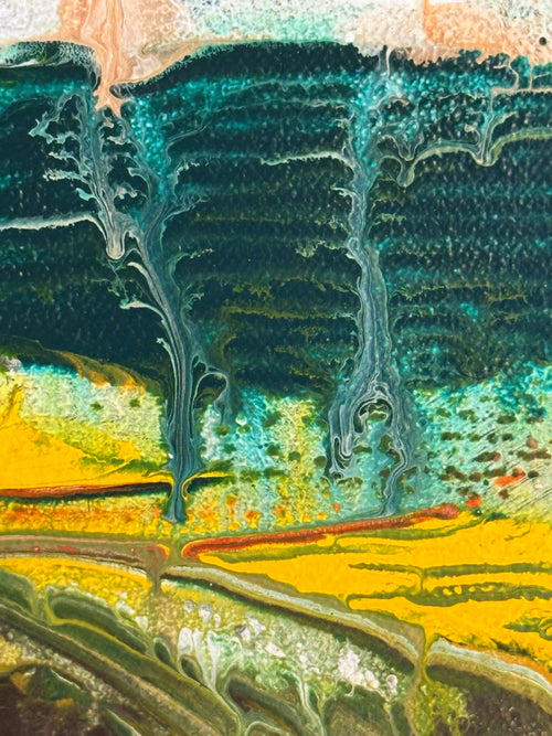 Aubrey's View — watercolour print showing two ghostly trees emerging from deep teal washes above golden fields, by Dee Hogg