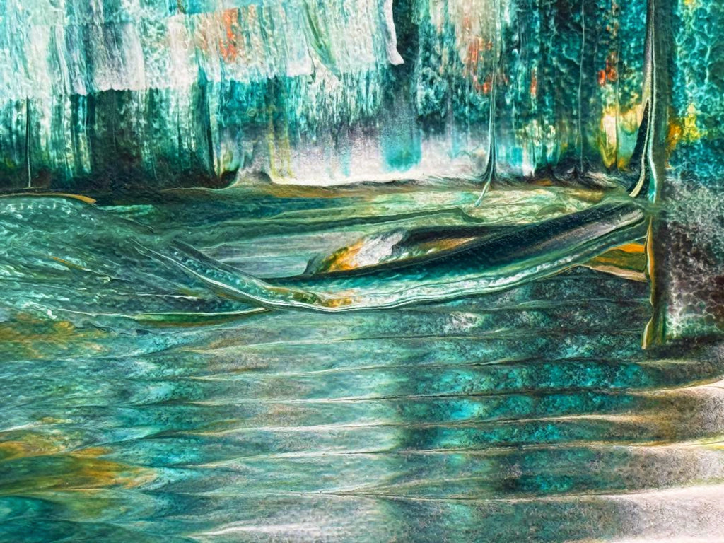 Monet's Granddaughter — watercolour print with layered teal waves and a luminous waterfall curtain of colour above, by Dee Hogg