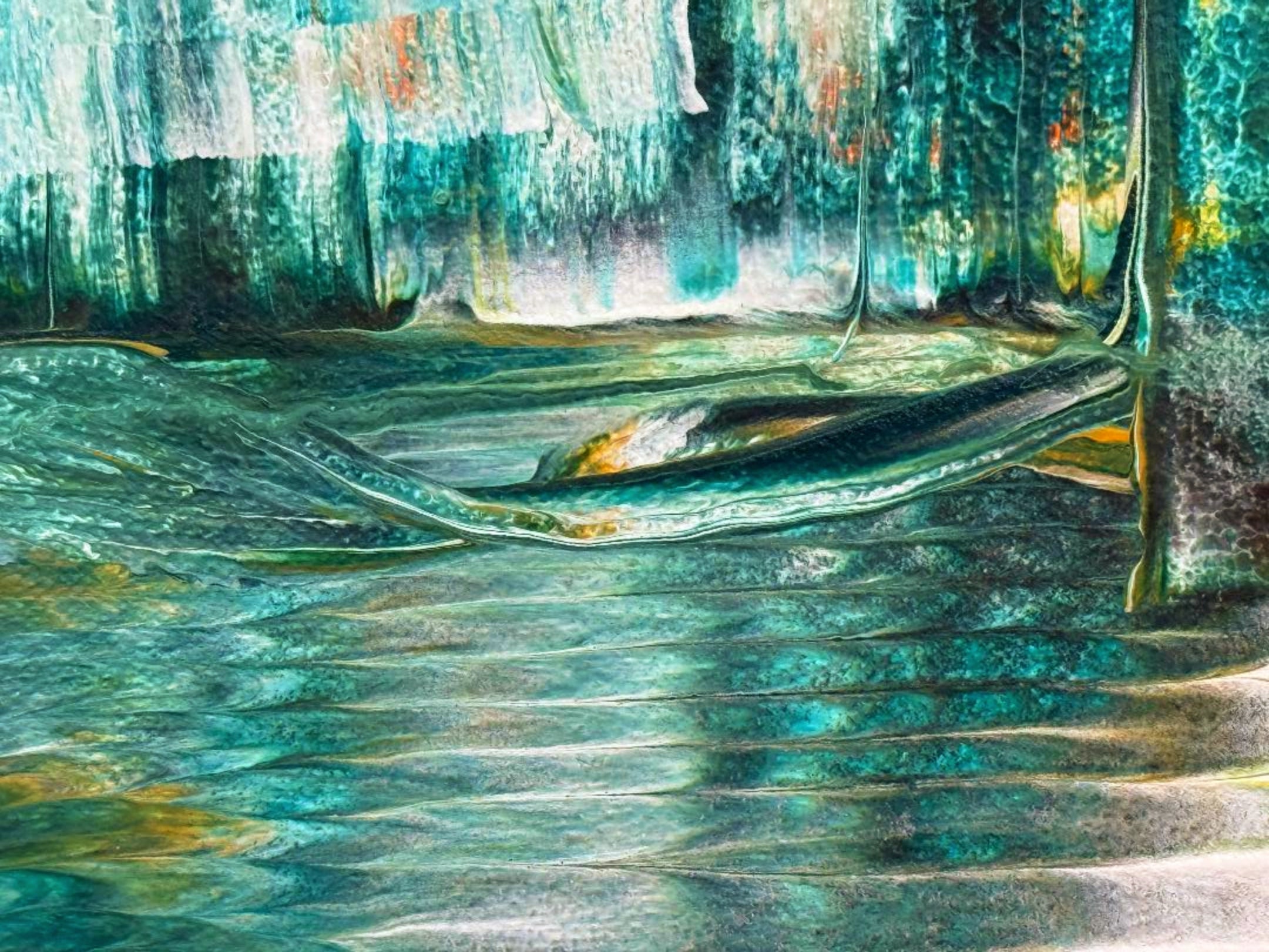 Monet's Granddaughter — watercolour print with layered teal waves and a luminous waterfall curtain of colour above, by Dee Hogg