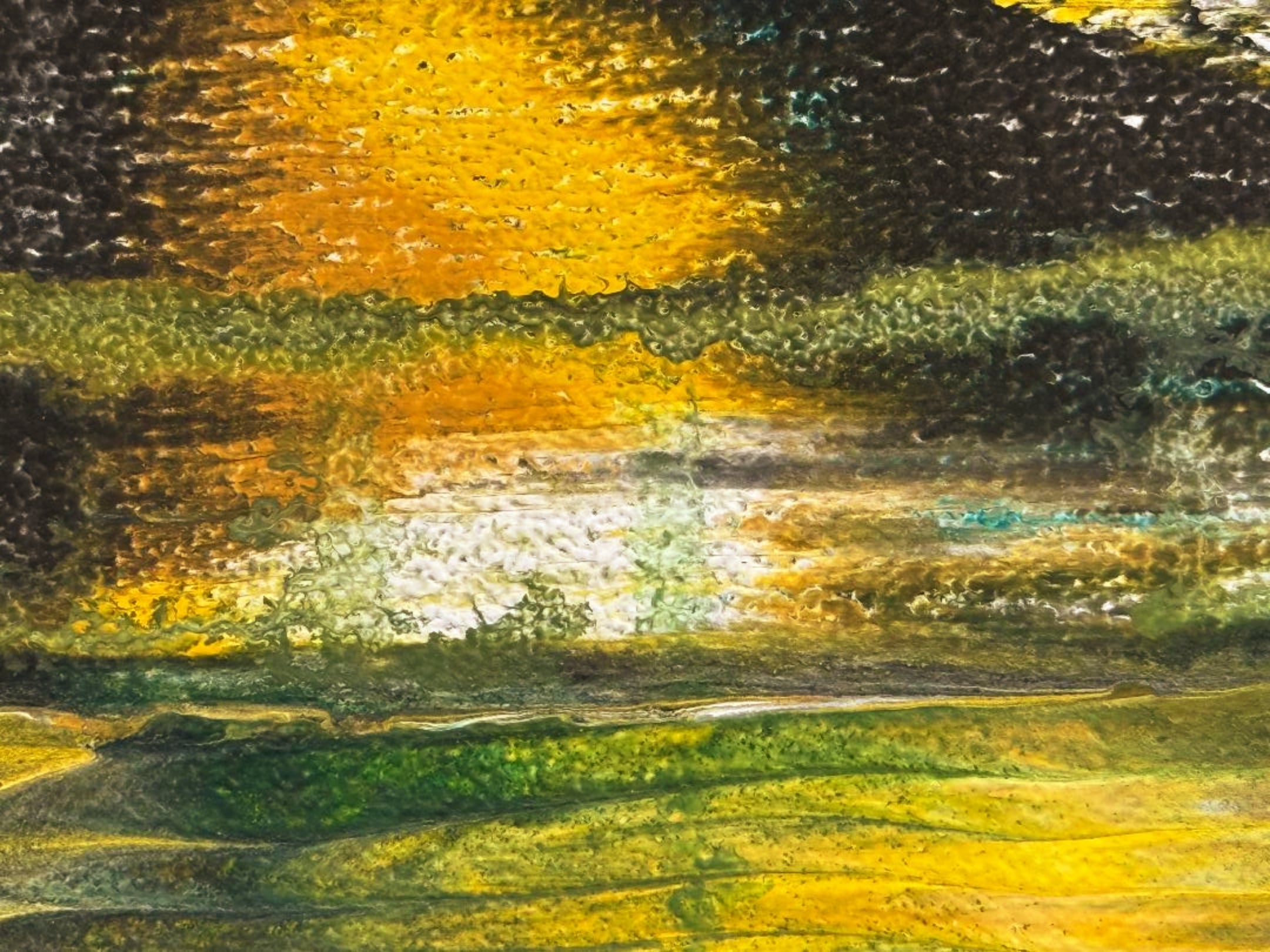 Streetlit Puddle — watercolour print with brooding amber sky, dark green fields and a luminous silver puddle, by Dee Hogg