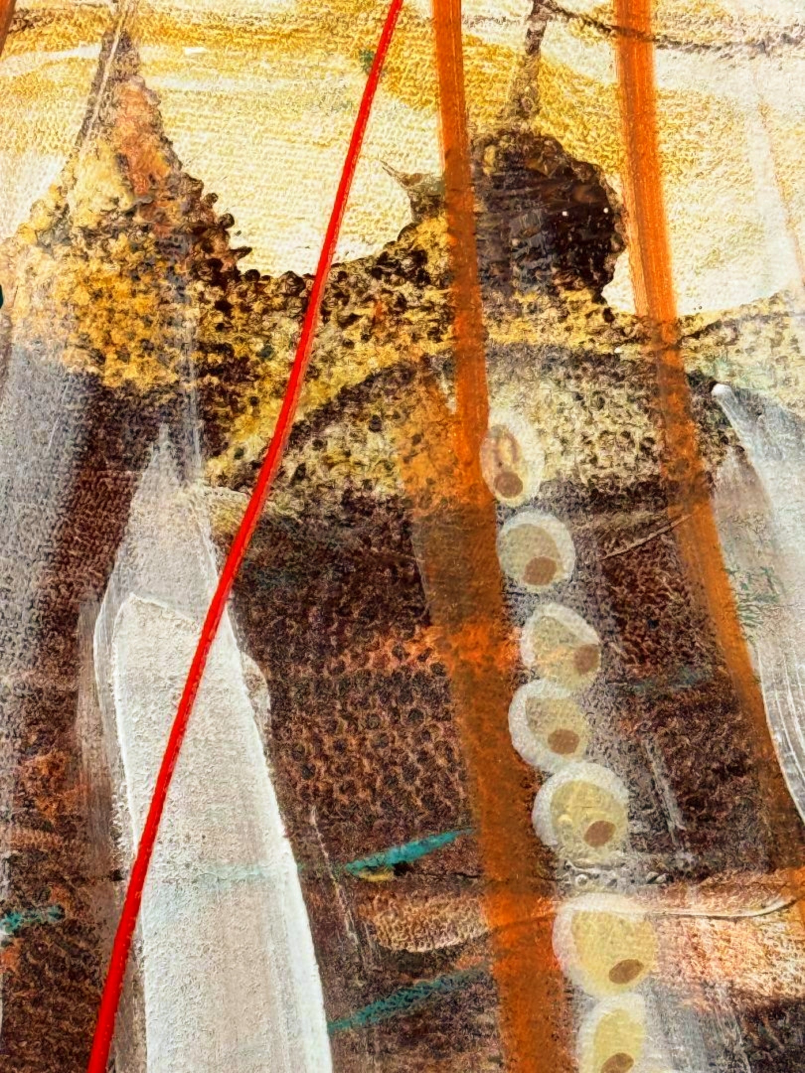 Red Grass n Peas fine art print – richly textured amber and dark earth tones with bold orange verticals and red line