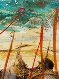 Scarlet Grass fine art print – vivid teal sky with bold orange-red grass stems and looping red line