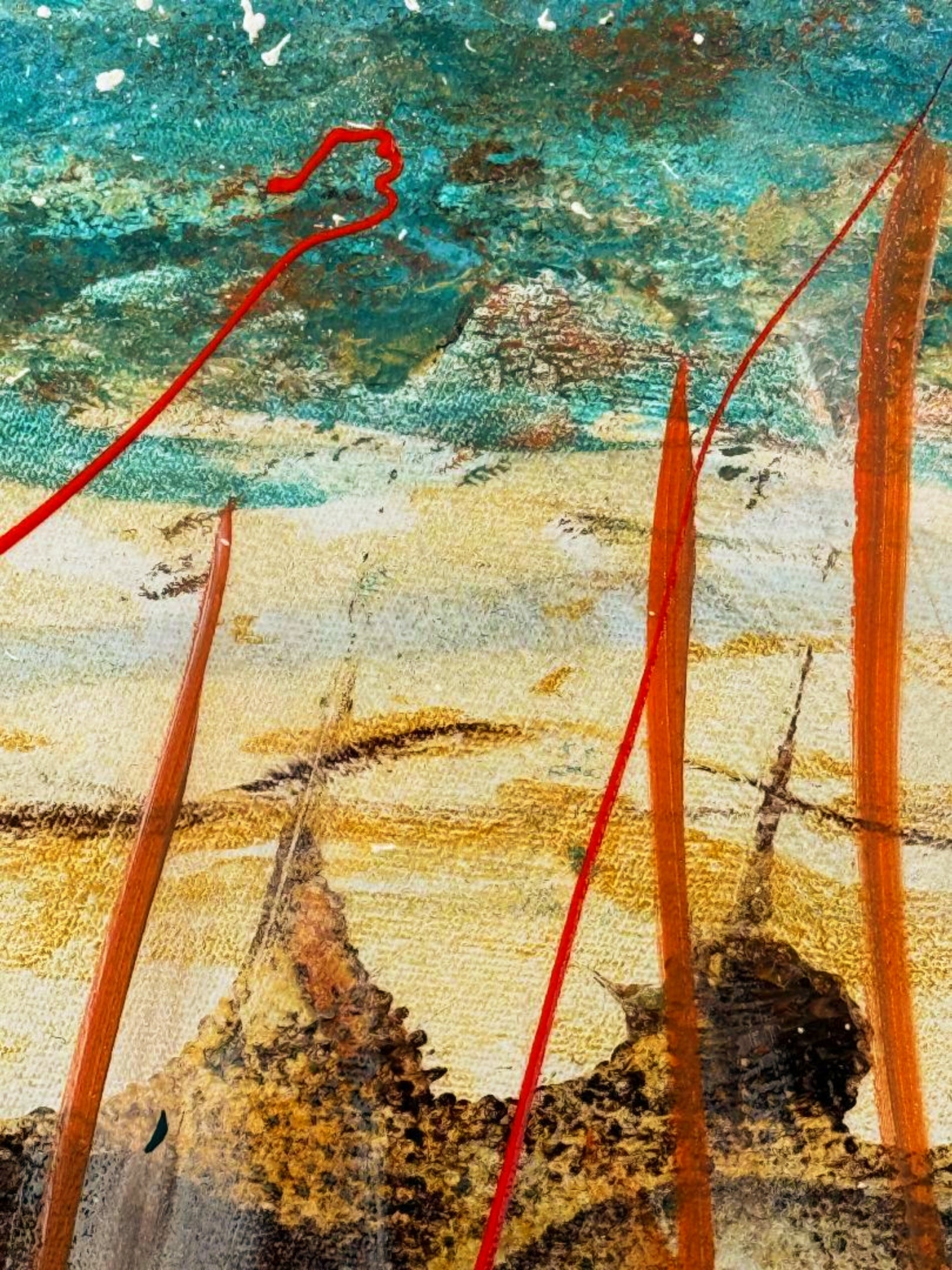 Scarlet Grass fine art print – vivid teal sky with bold orange-red grass stems and looping red line