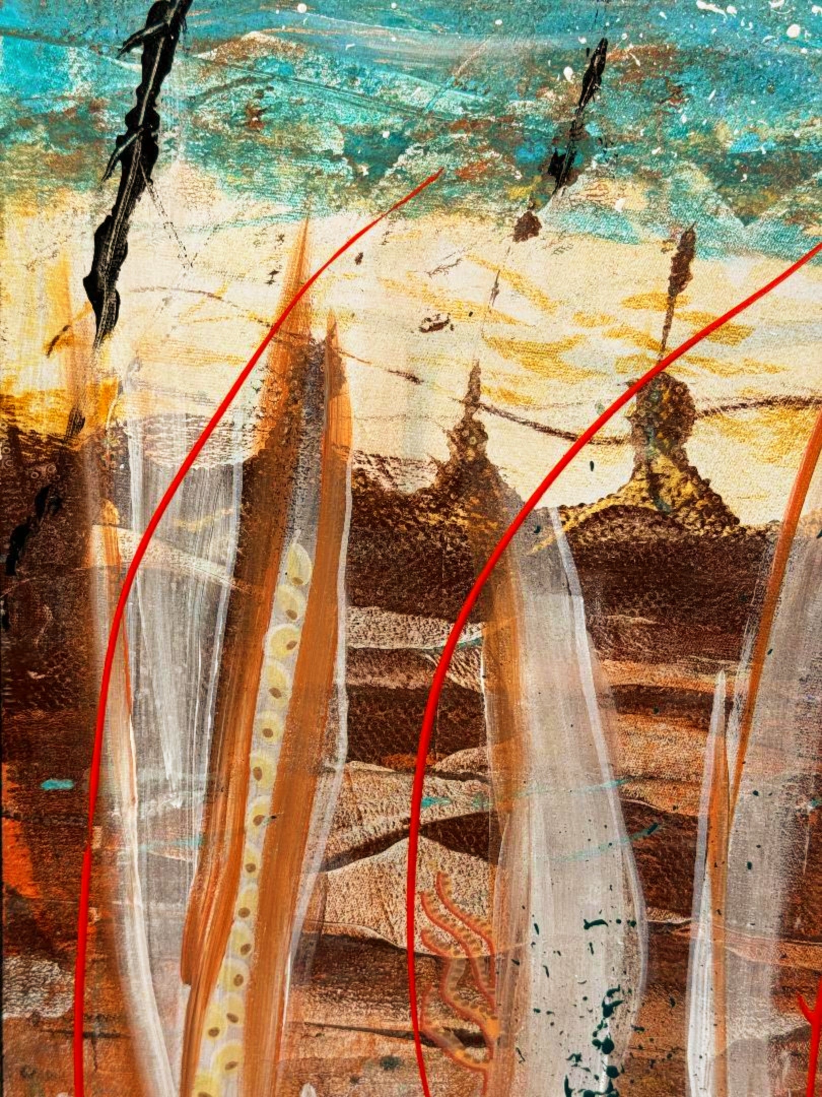 Sea Peas fine art print – bold coastal abstract with teal sky, earthy browns and sweeping red arcs