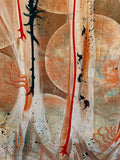 Moon Jellies fine art print – luminous abstract coastal artwork with dark thorned stems and red lines