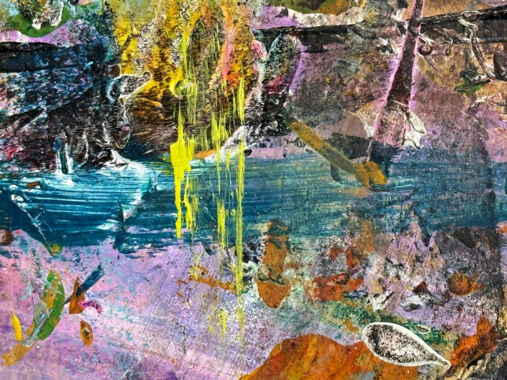 At the Pool - A day out near Georgetown No.1, original painting by Dee Hogg, teal and yellow expressive artwork