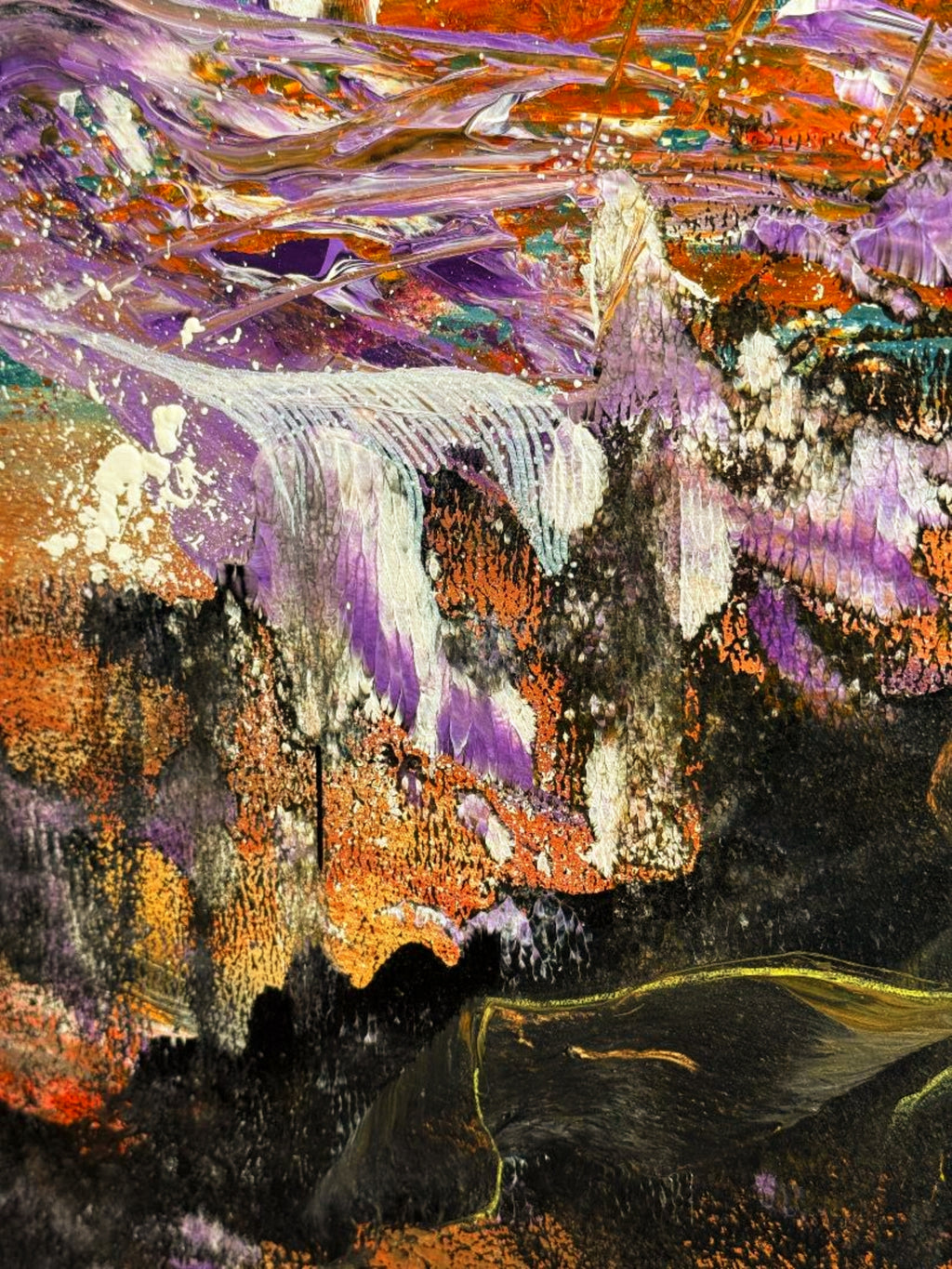 It Broke the Dam — fine art canvas print by Dee Hogg, featuring a cascading waterfall of white and violet through copper and black rock beneath a wild purple and red sky, from The Johnson Collection
