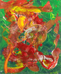 Amex Method 1 – original abstract painting by Dee Hogg, bold red, orange and yellow gestural marks on vibrant green ground