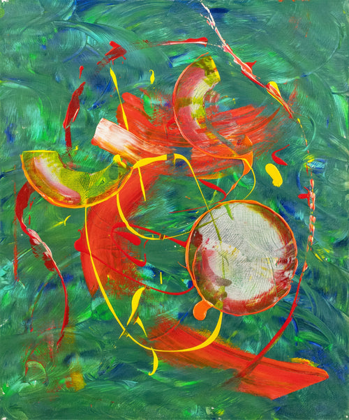 Amex Method 2 – original acrylic painting by Dee Hogg with red, orange, gold and white gestural marks and a pale sphere on a green ground