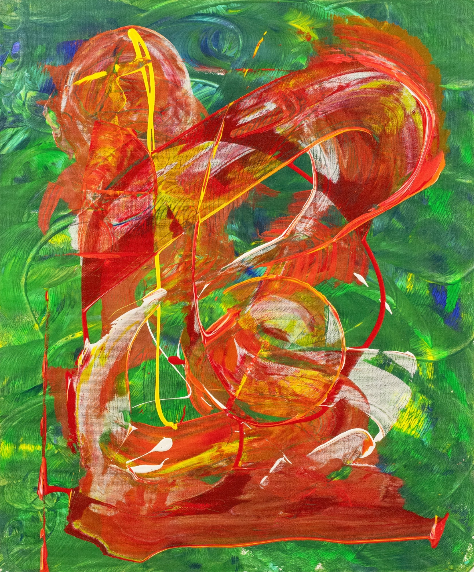 Amex Method 3 – original acrylic painting by Dee Hogg with red, orange, gold and white gestural marks on a green ground