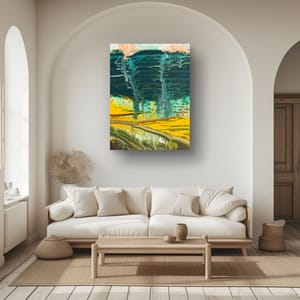 Aubrey's View — room setting showing the print displayed above a cream sofa in a bright arched living room, by Dee Hogg