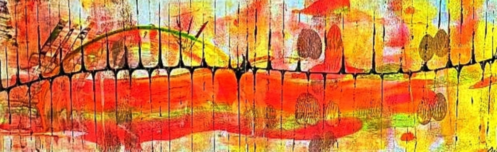 Bridge abstract urban fine art print by Dee Hogg, bold red yellow green wall art