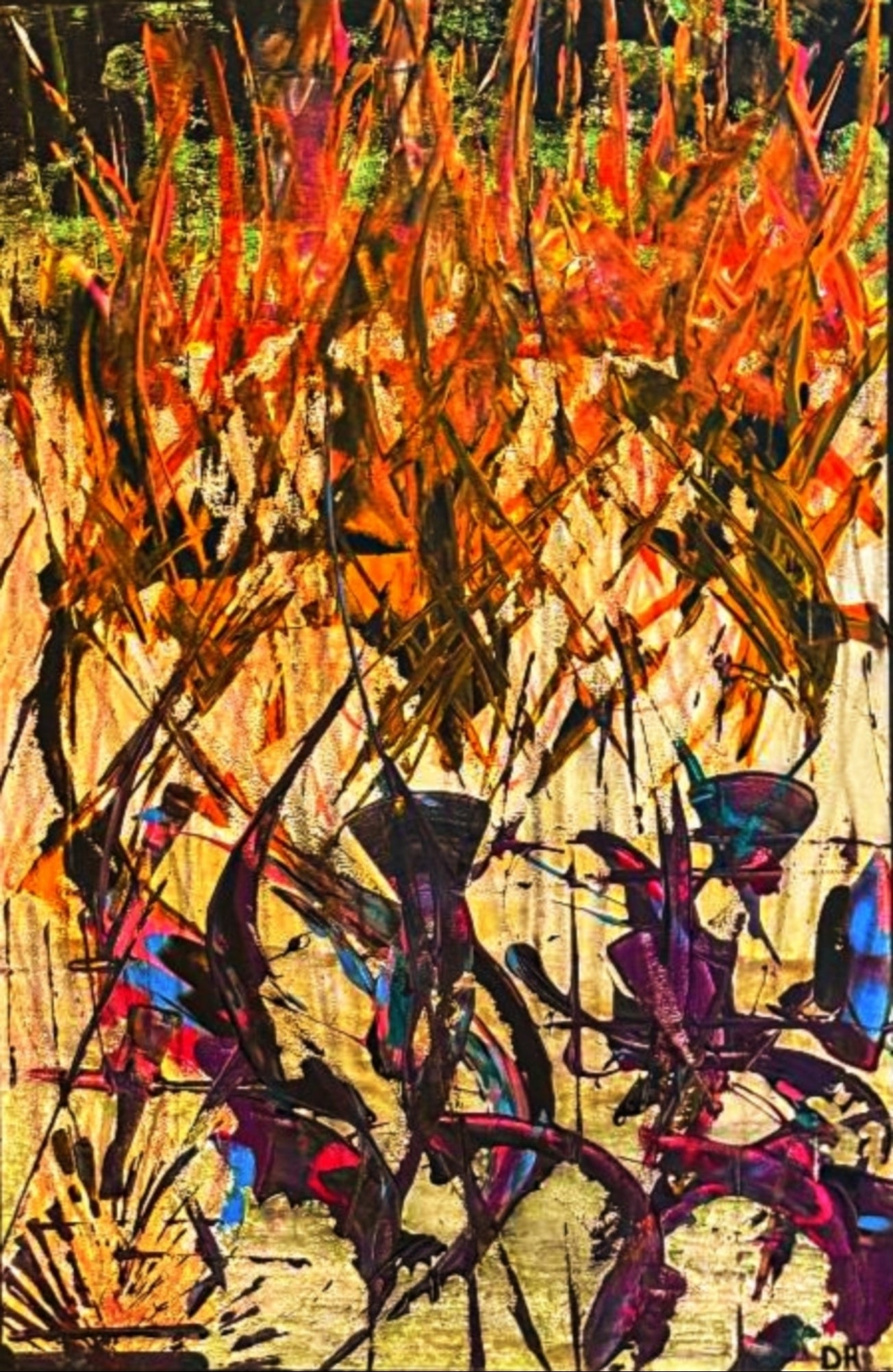 Dance original abstract acrylic painting flame orange and purple expressive wall art by Dee Hogg