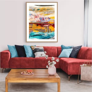 Docking at Daybreak limited edition fine art print displayed in a living room above a red sofa