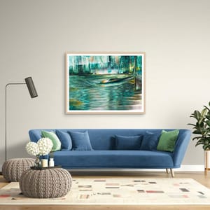 Monet's Granddaughter — room setting showing the print displayed above a blue sofa in a bright living room, by Dee Hogg