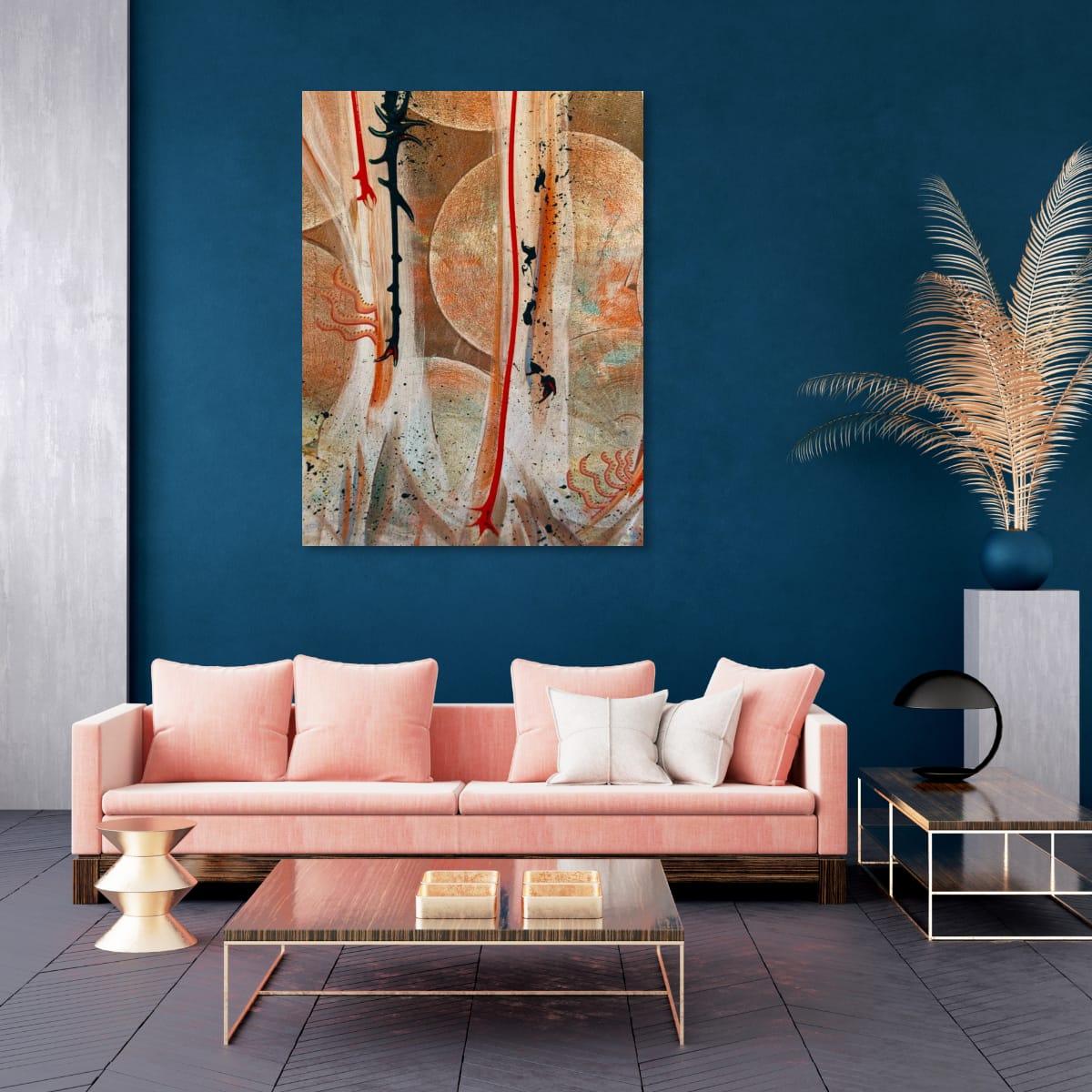 Moon Jellies fine art print displayed on a deep teal wall in a contemporary living room