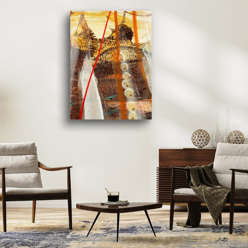 Red Grass n Peas fine art print displayed in a warm Scandi-style living room with natural wood furniture