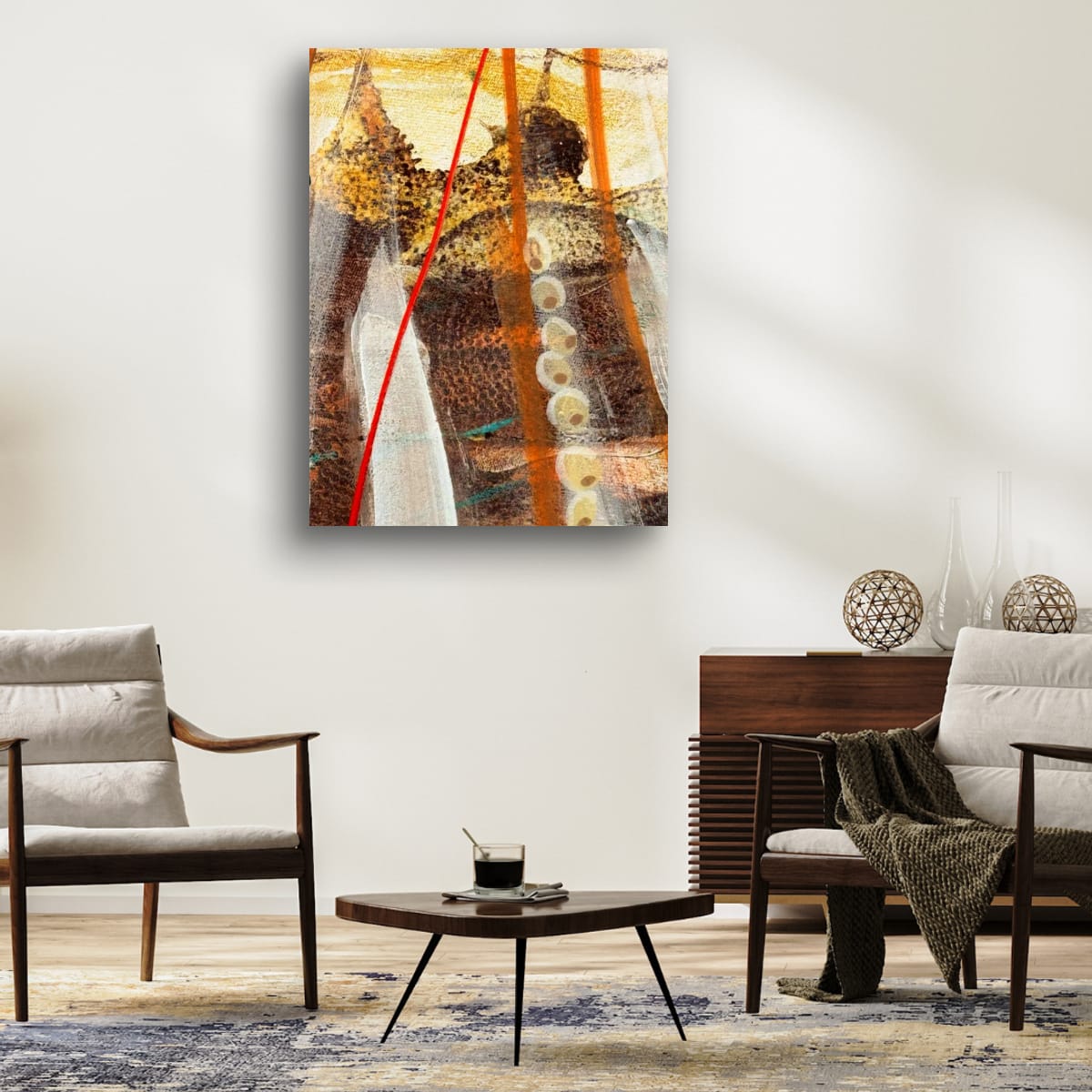 Red Grass n Peas fine art print displayed in a warm Scandi-style living room with natural wood furniture