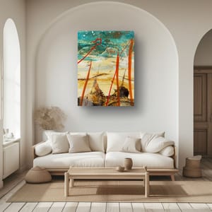 Scarlet Grass fine art print displayed in a Mediterranean-style room with arched walls and warm white tones