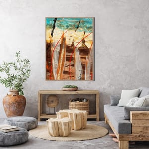 Sea Peas fine art print displayed in a rustic natural wood and linen living room setting
