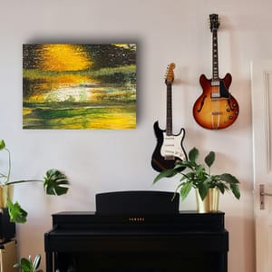 Streetlit Puddle — room setting showing the print displayed above a piano with guitars on the wall, by Dee Hogg