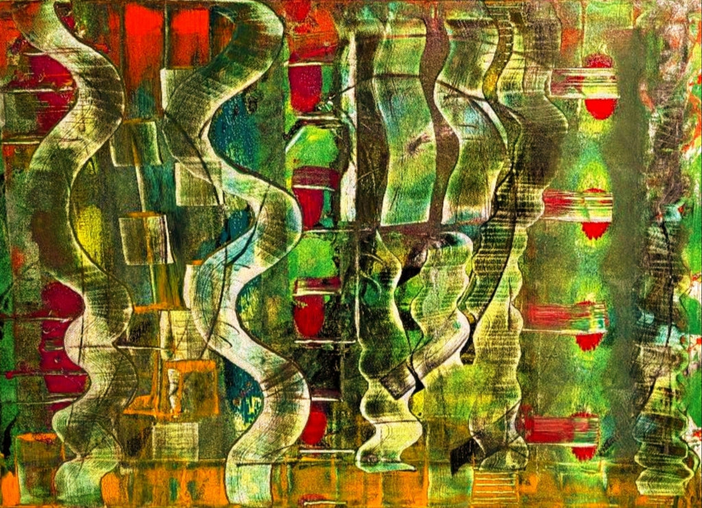 Twisted Reflections abstract fine art print by Dee Hogg, green crimson dynamic wall art