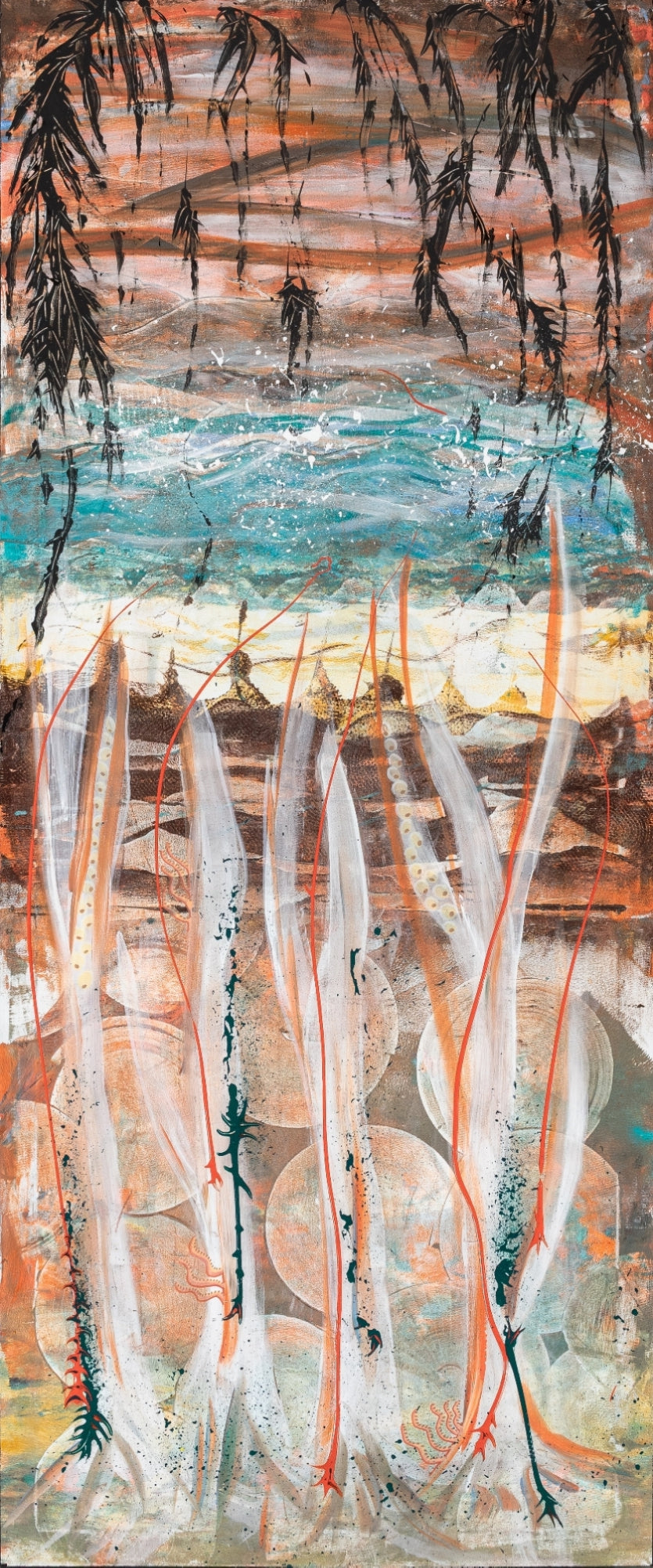 Willow Drift original painting – mixed media landscape with teal water, copper sky and white reeds