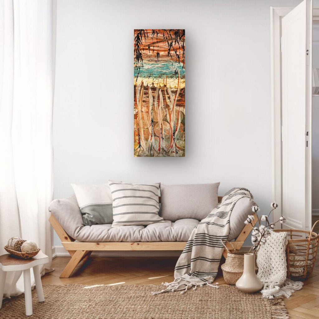 Willow Drift original painting shown in a Scandinavian living room above a linen sofa