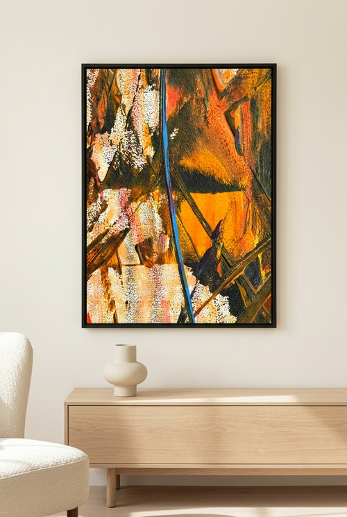 A Single Cool Slash shown as a large statement canvas in a bright contemporary room