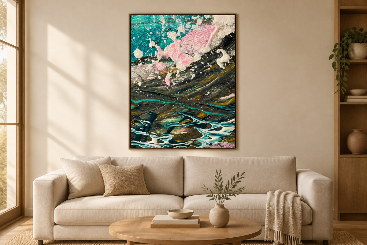 Cotton Candy at the Riverside artwork displayed in a neutral living room