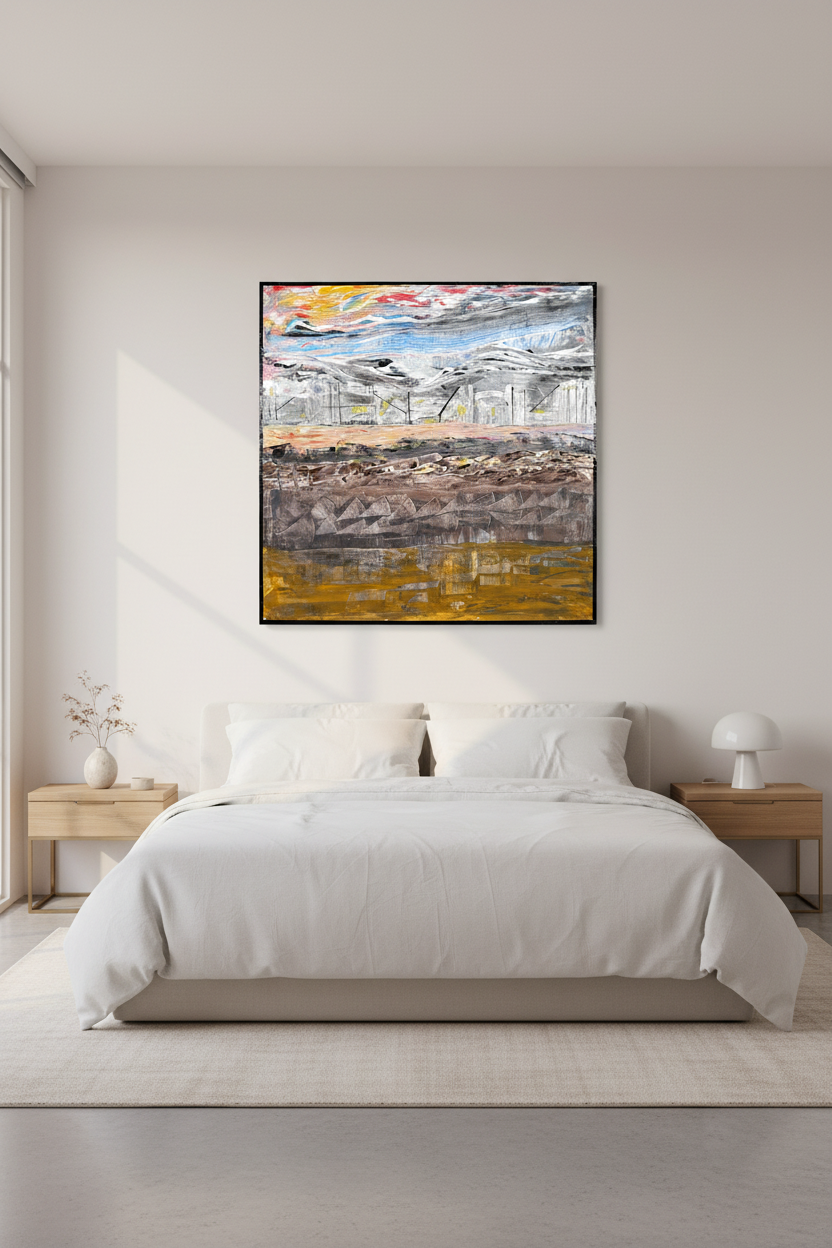 Sky Weave original painting displayed in a serene light-filled bedroom