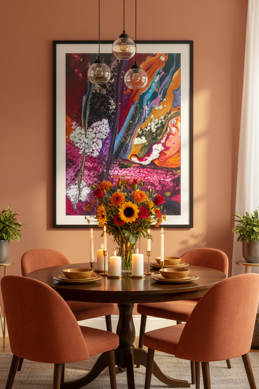Modern Salsa fine art print displayed in a warm vibrant dining room with terracotta tones