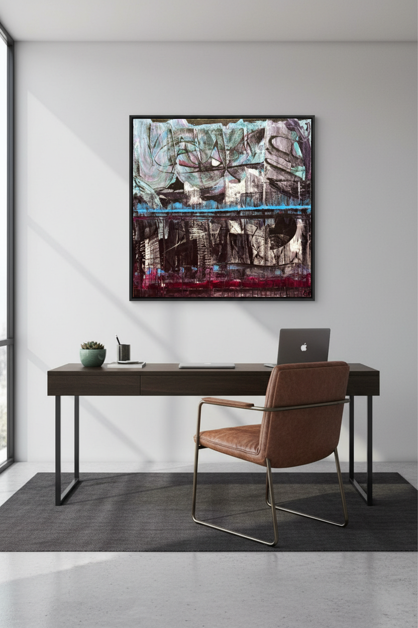 Underpass original painting displayed in a sleek contemporary home office