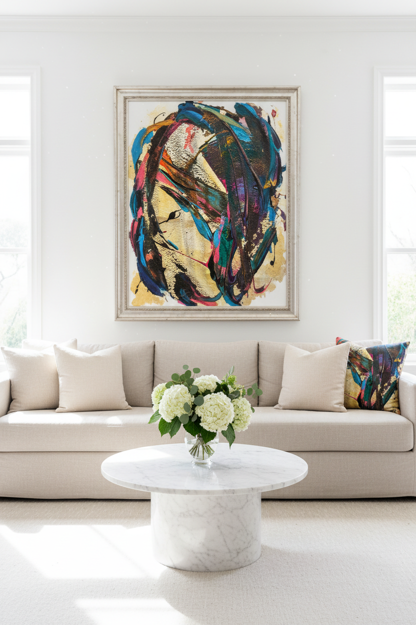 Blue Mambo fine art print displayed in a bright airy living room as a bold feature wall