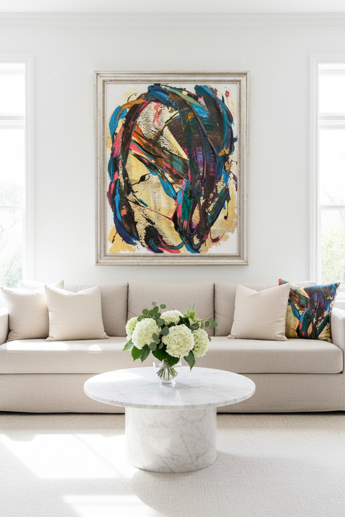 Blue Mambo fine art print displayed in a bright airy living room as a bold feature wall