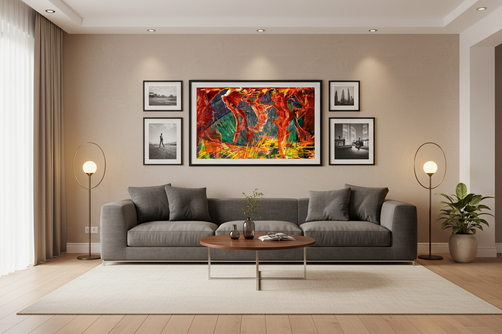 Rust Dancers fine art print displayed in a contemporary living room setting