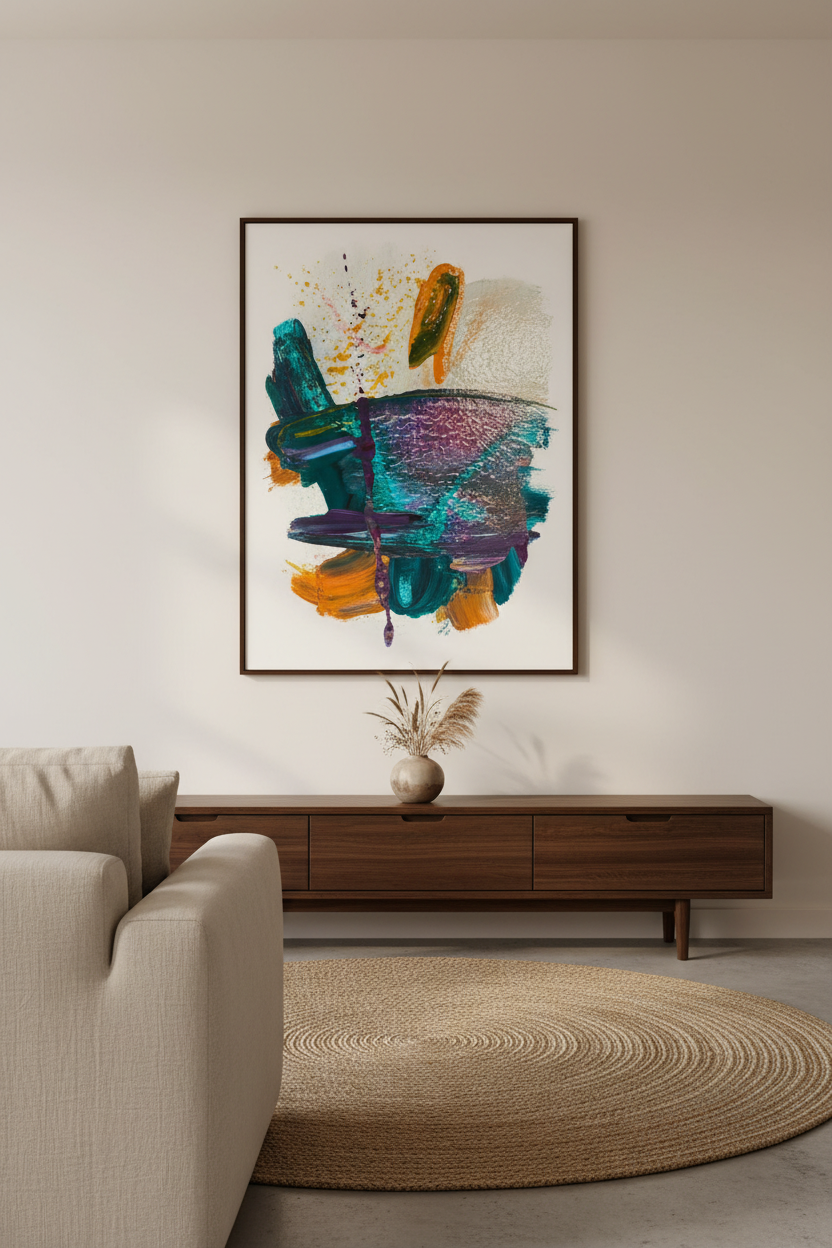 Melting Tango fine art print displayed in a warm contemporary living room above a dark wood sideboard