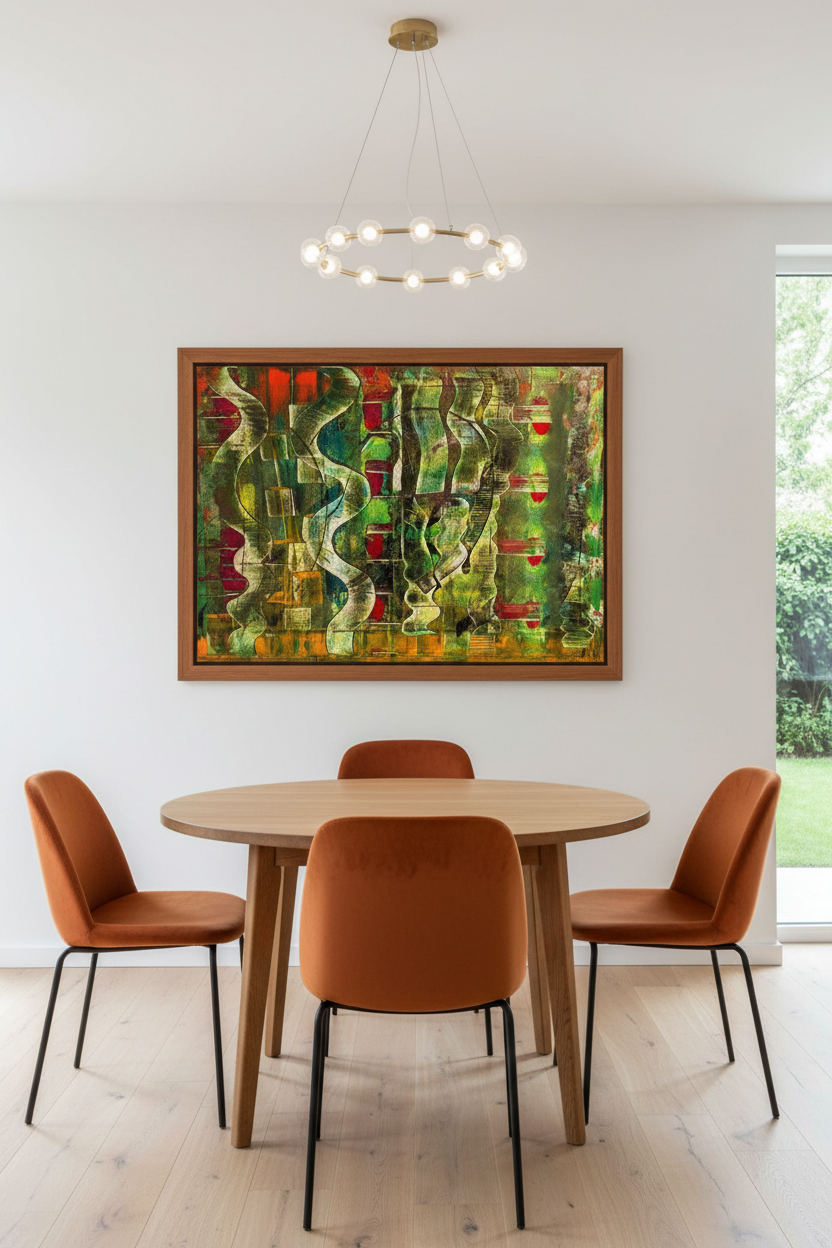 Twisted Reflections original painting displayed in a contemporary dining room
