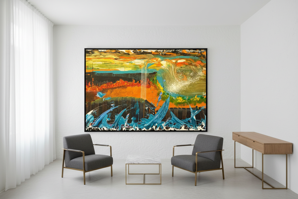 Gather at Watersmeet canvas print displayed as a large statement piece in a contemporary boutique hotel setting
