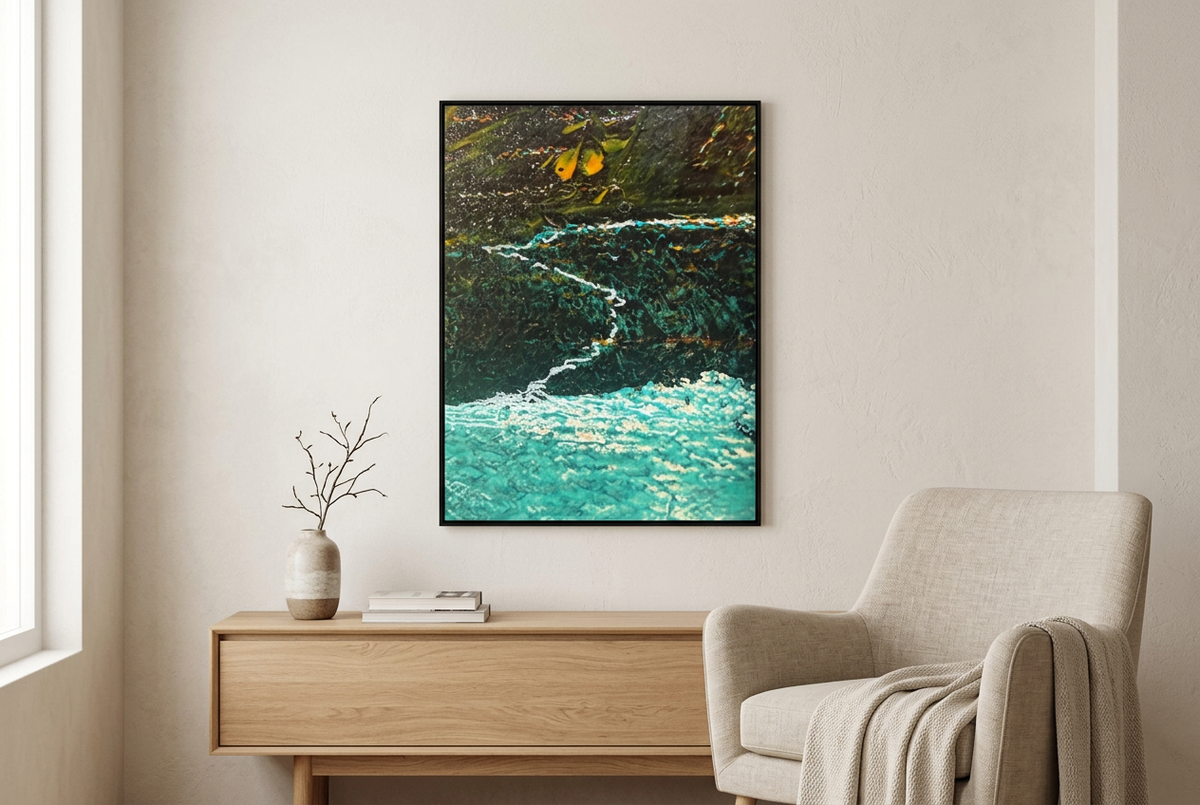Steps to the Water canvas artwork displayed in a contemporary reading nook
