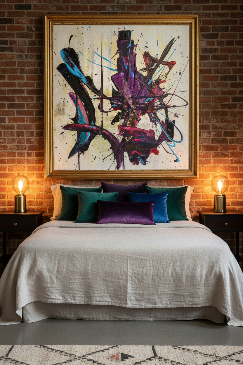 Purple Skitter fine art print displayed above a bed in a jewel-toned eclectic bedroom