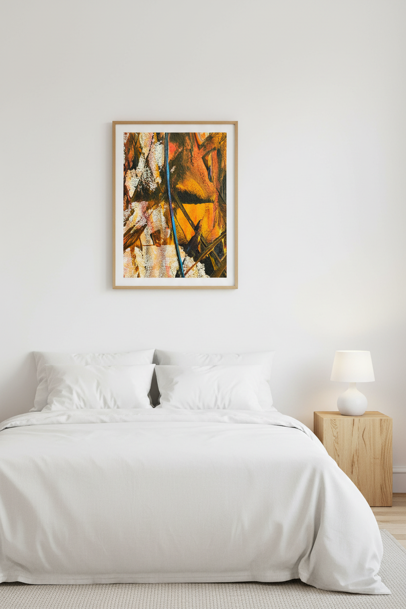 A Single Cool Slash fine art print displayed in a calm minimalist bedroom
