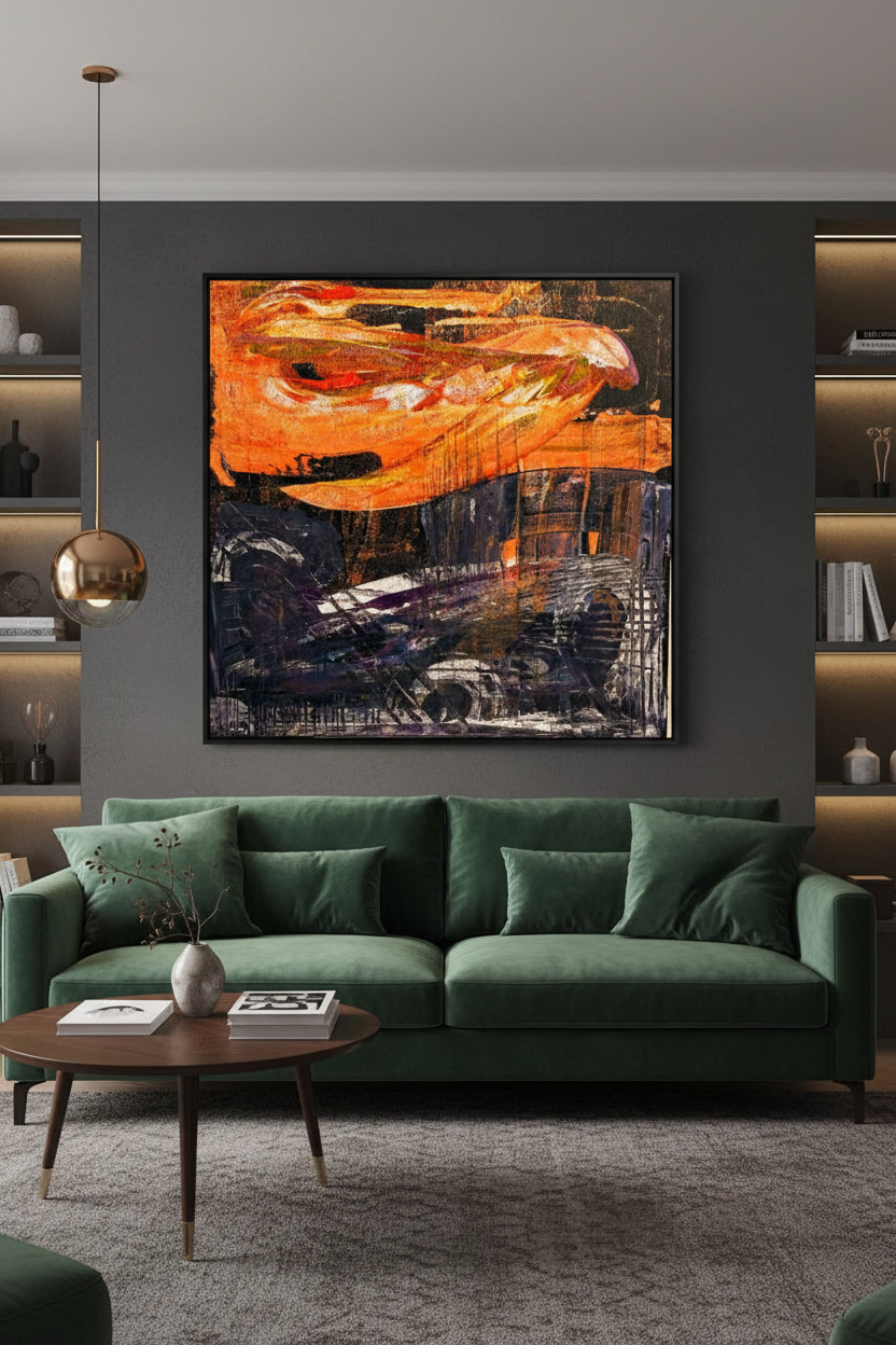 The Ark original painting displayed in a dramatic charcoal living room