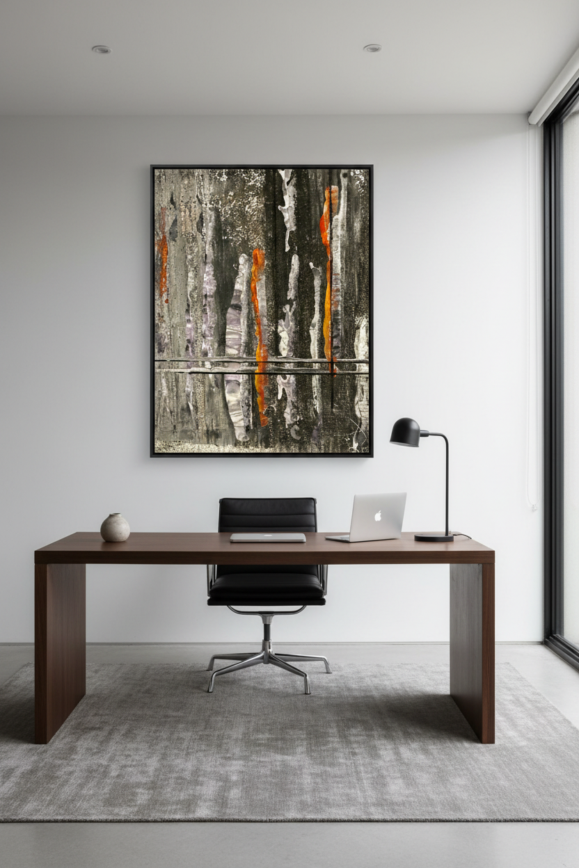 Stormed Steel fine art print displayed in a sleek contemporary home office