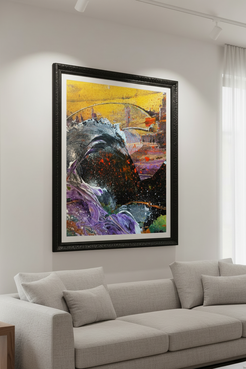 The River Rose fine art print displayed as a statement piece in a contemporary gallery-style living room