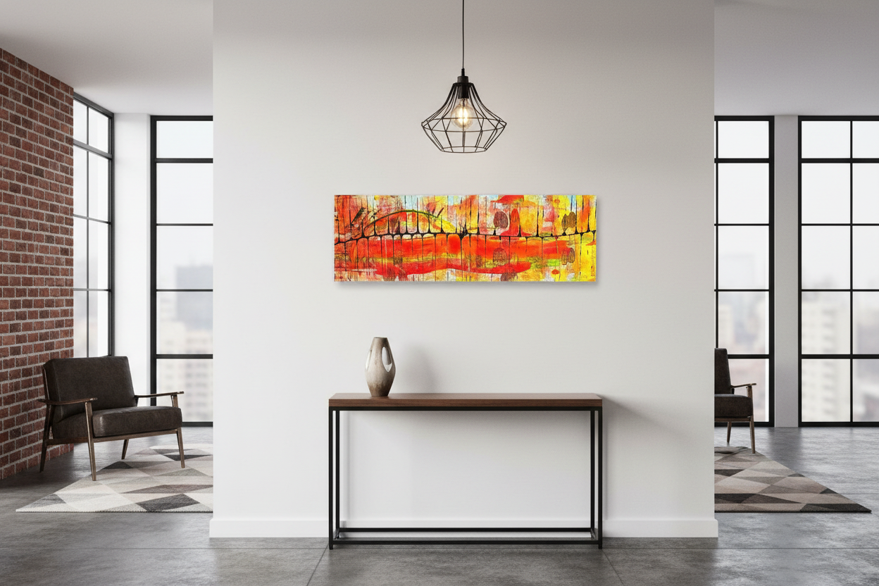 Bridge original painting displayed in a modern urban apartment