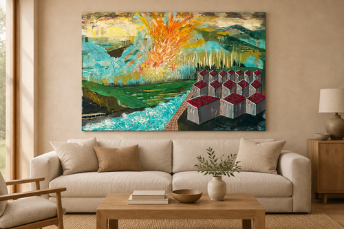 A Boggy Field in Branislav canvas displayed above a neutral sofa in a living room