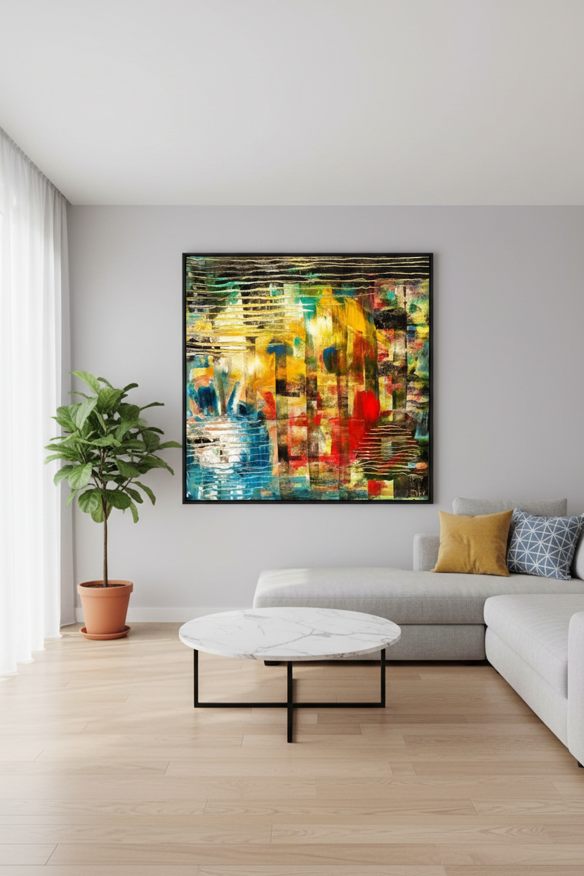 Cab Home original painting displayed in a stylish open-plan living space