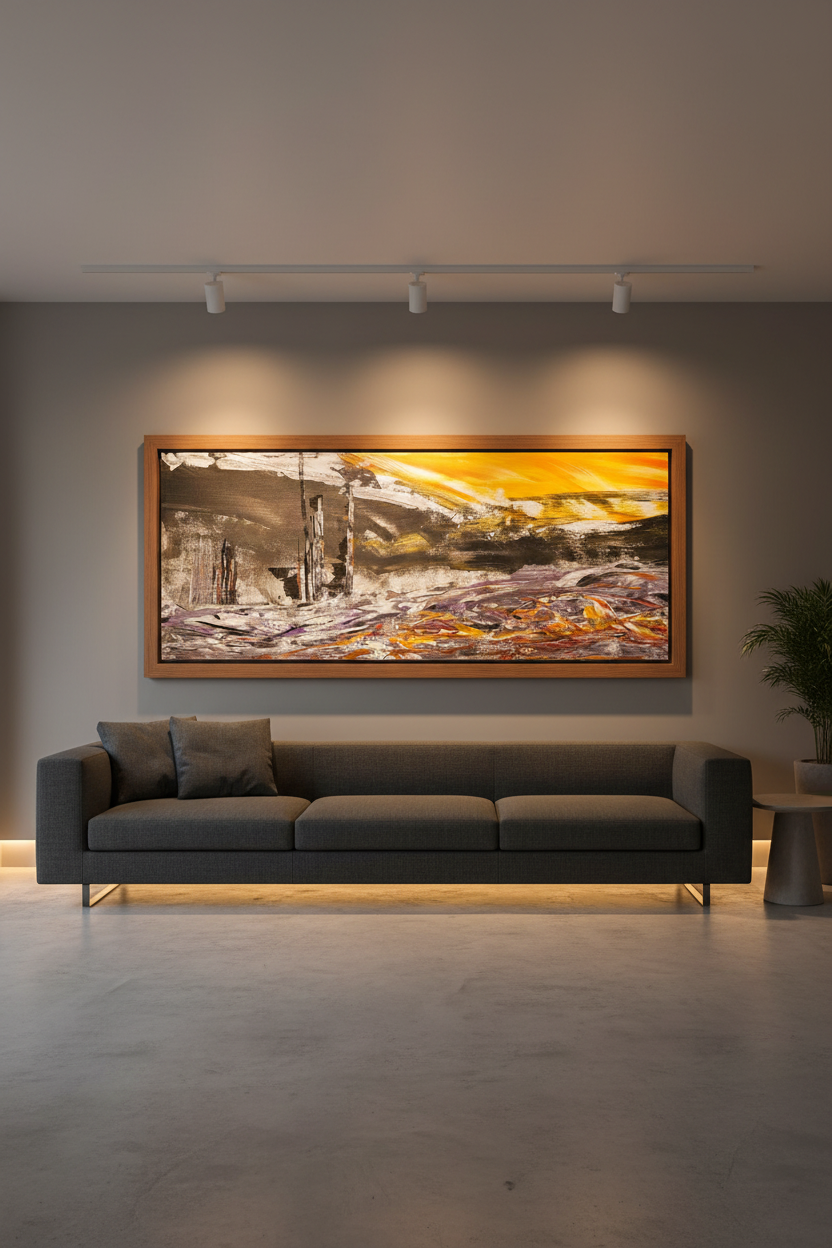 Industry on a Rough Shoreline original painting displayed in a gallery-style living room