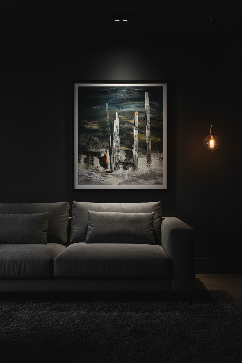Under the Pier fine art print displayed in a dramatic dark living room with charcoal walls